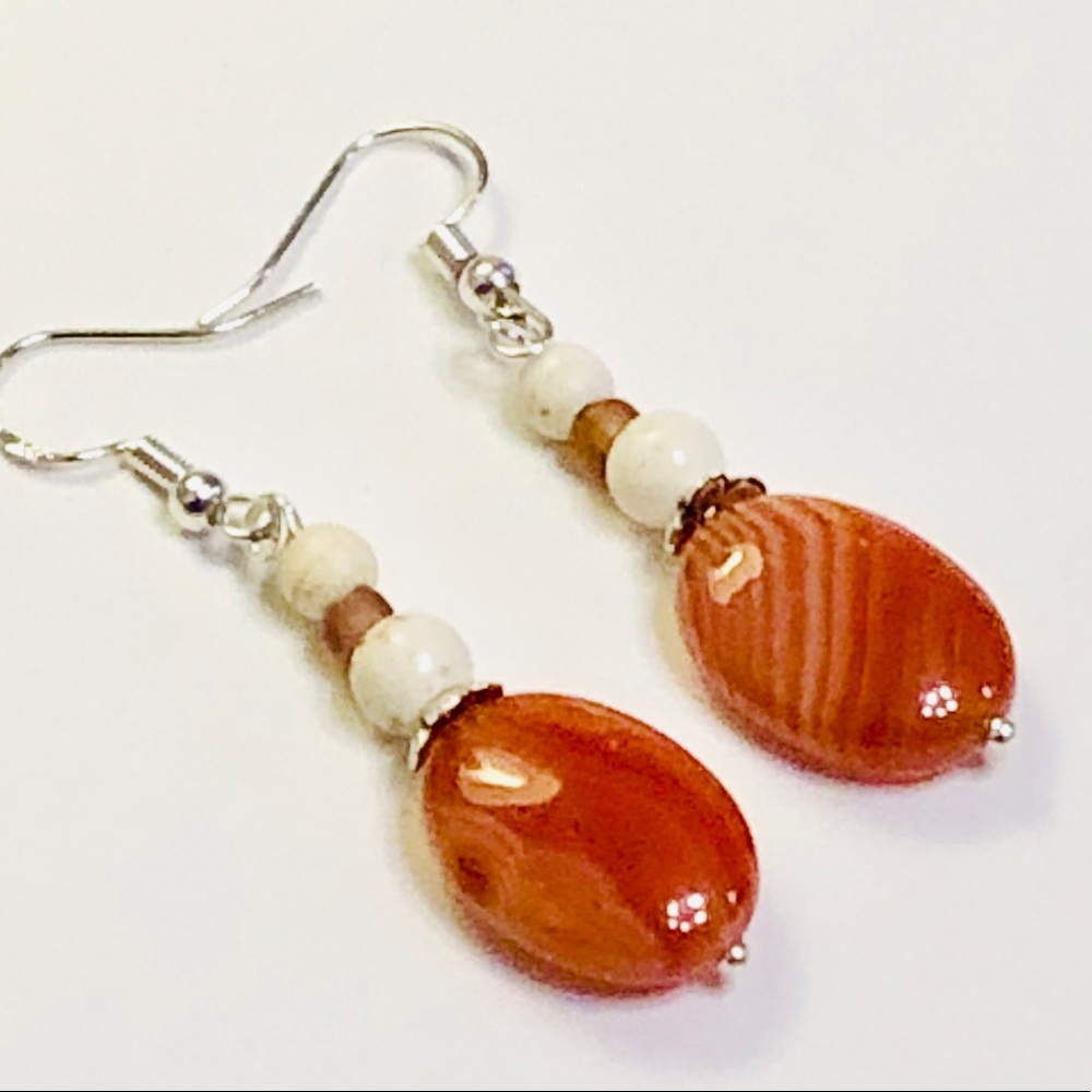 JK Designs Orange Brown Sardonyx & Howlite Earrings - Picture 3 of 5